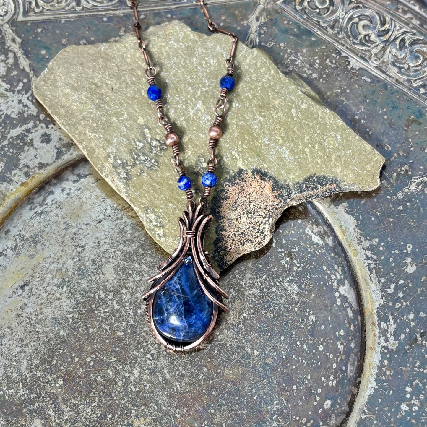 Handwoven Sodalite Copper Necklace