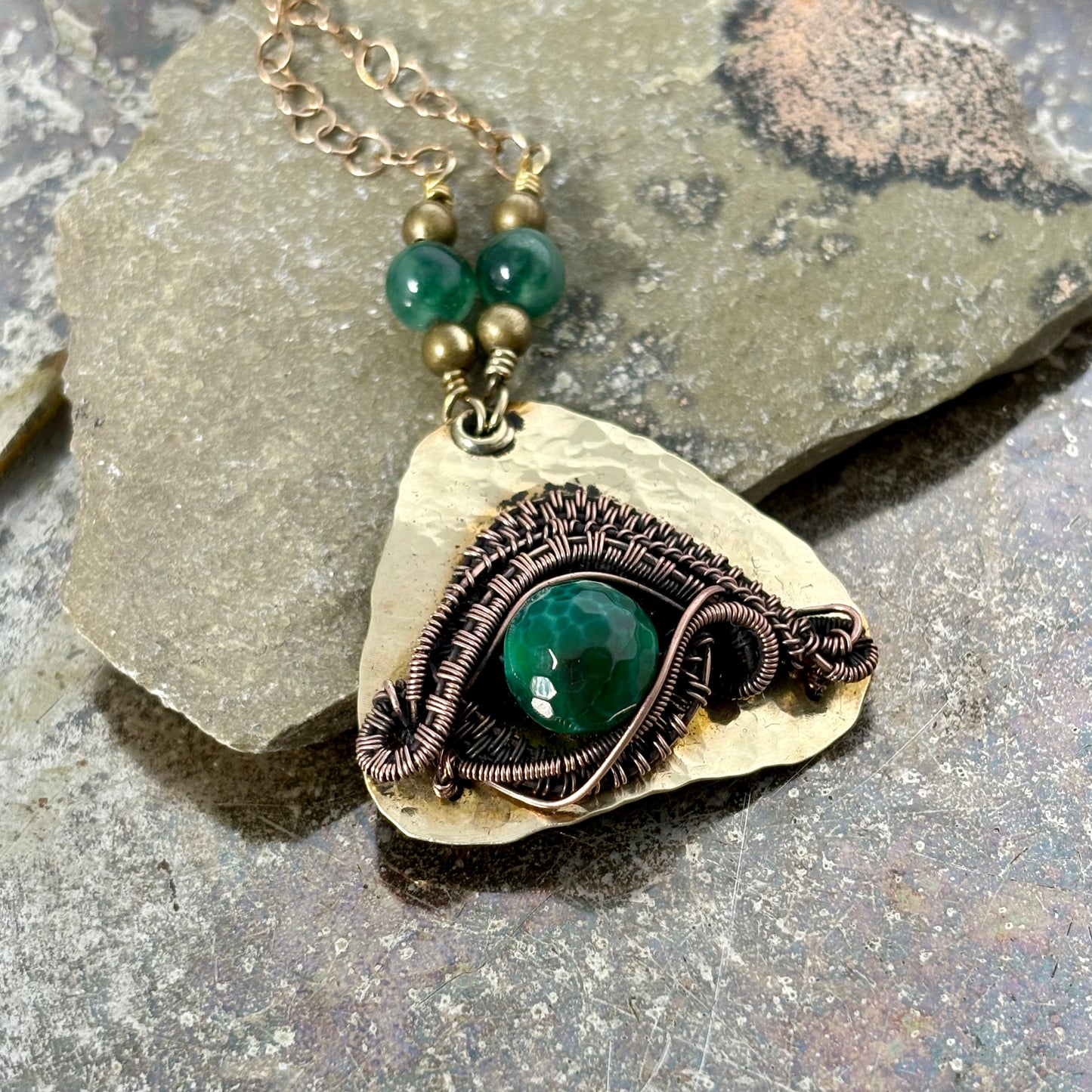 Hand-Woven Third Eye Pendant - Copper & Brass with Natural Green Agate
