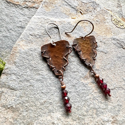 Barbed Wire Garnet Copper Earrings