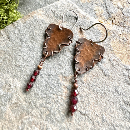 Barbed Wire Garnet Copper Earrings
