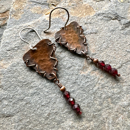 Barbed Wire Garnet Copper Earrings