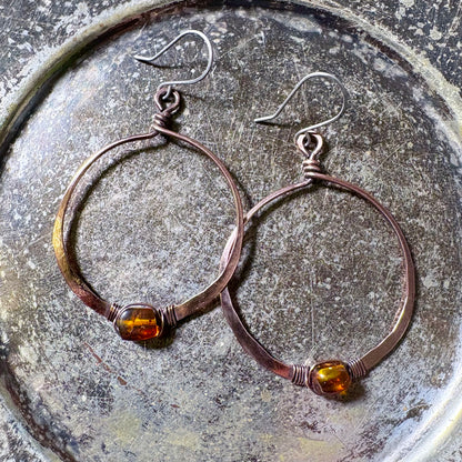 Baltic Amber Copper Hoop Earrings