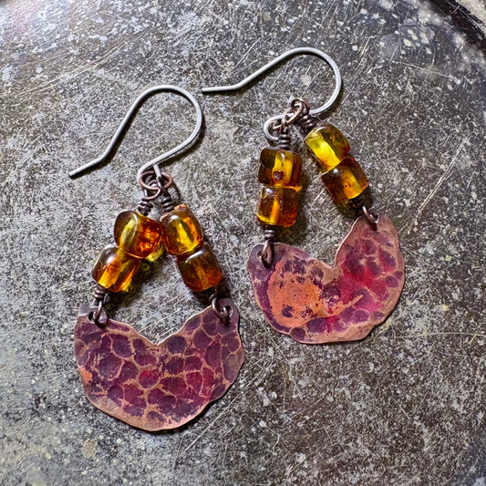 Baltic Amber Earrings - Handmade Forged Copper Semi-Circle Hoops
