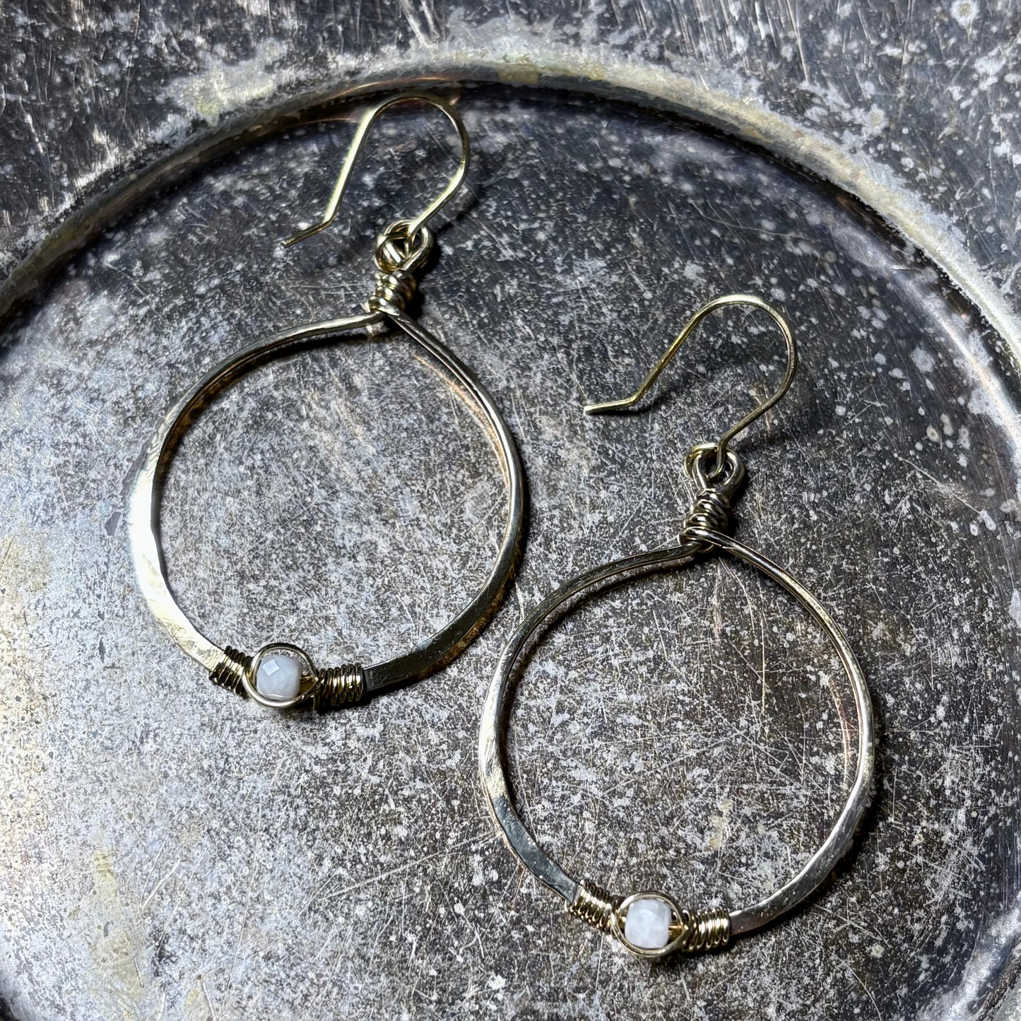 White Moonstone & Brass Hoop Earrings