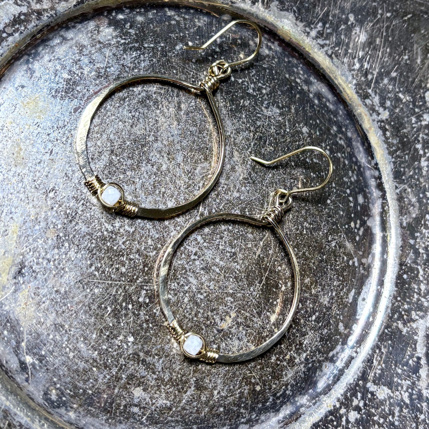 White Moonstone & Brass Hoop Earrings