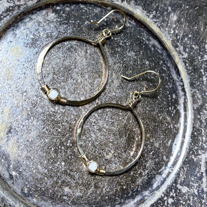 White Moonstone & Brass Hoop Earrings