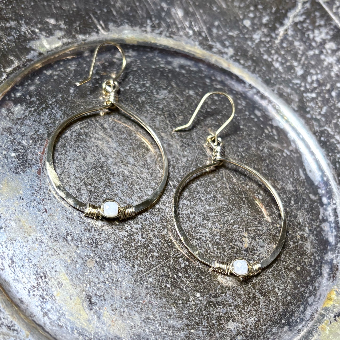 White Moonstone & Brass Hoop Earrings
