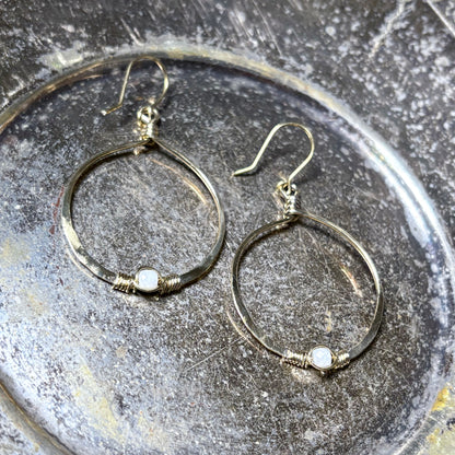 White Moonstone & Brass Hoop Earrings