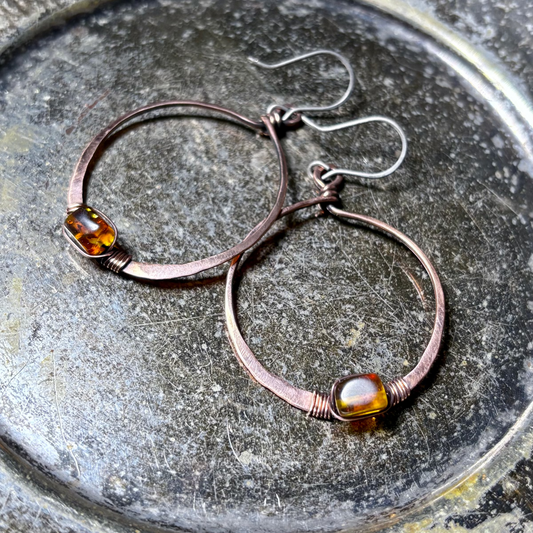 Handcrafted Baltic Amber Copper Hoop Earrings - Forged Hammered Hoops with Titanium Ear Wires