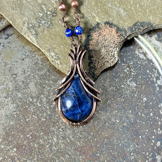 Handwoven Sodalite Copper Necklace - Artisan Wire Wrapped Pendant