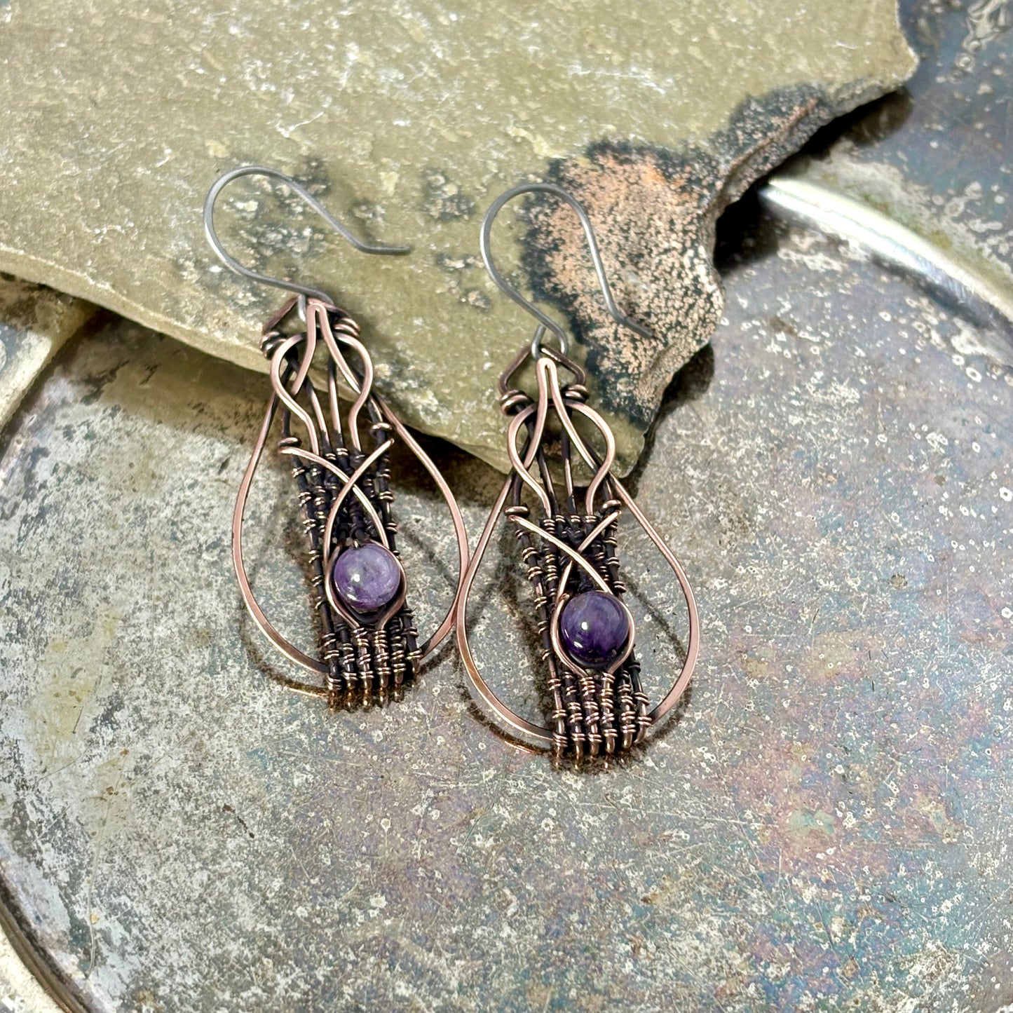 Hand-Woven Amethyst Copper Earrings