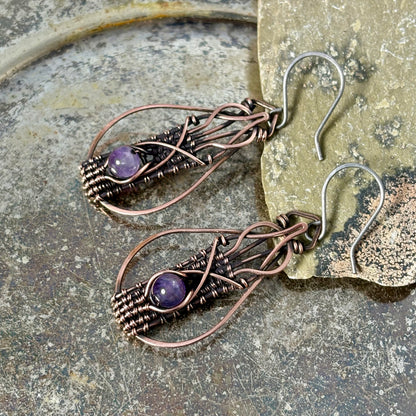 Hand-Woven Amethyst Copper Earrings