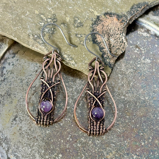 Hand-Woven Amethyst Copper Earrings