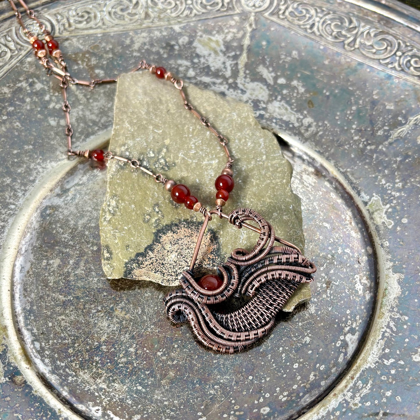 Handwoven Carnelian Copper Necklace - Artisan Wire Wrapped Pendant