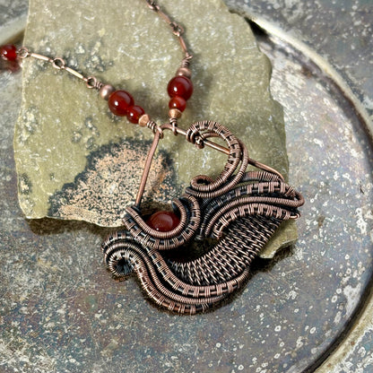 Handwoven Carnelian Copper Necklace - Artisan Wire Wrapped Pendant