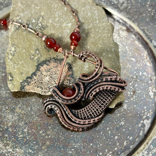 Handwoven Carnelian Copper Necklace - Artisan Wire Wrapped Pendant