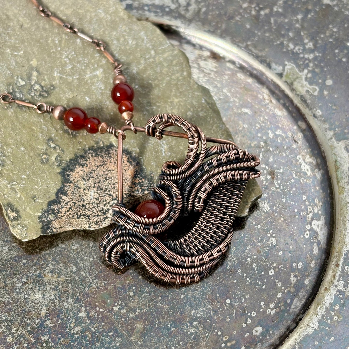 Handwoven Carnelian Copper Necklace - Artisan Wire Wrapped Pendant