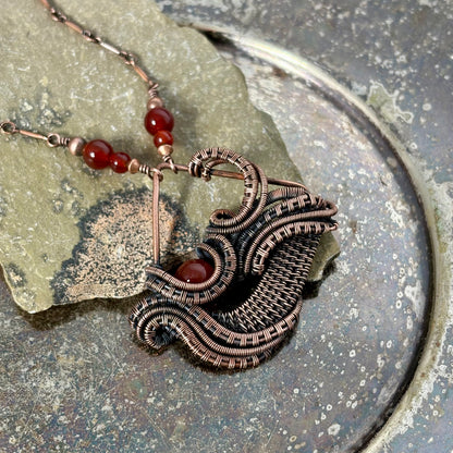 Handwoven Carnelian Copper Necklace - Artisan Wire Wrapped Pendant