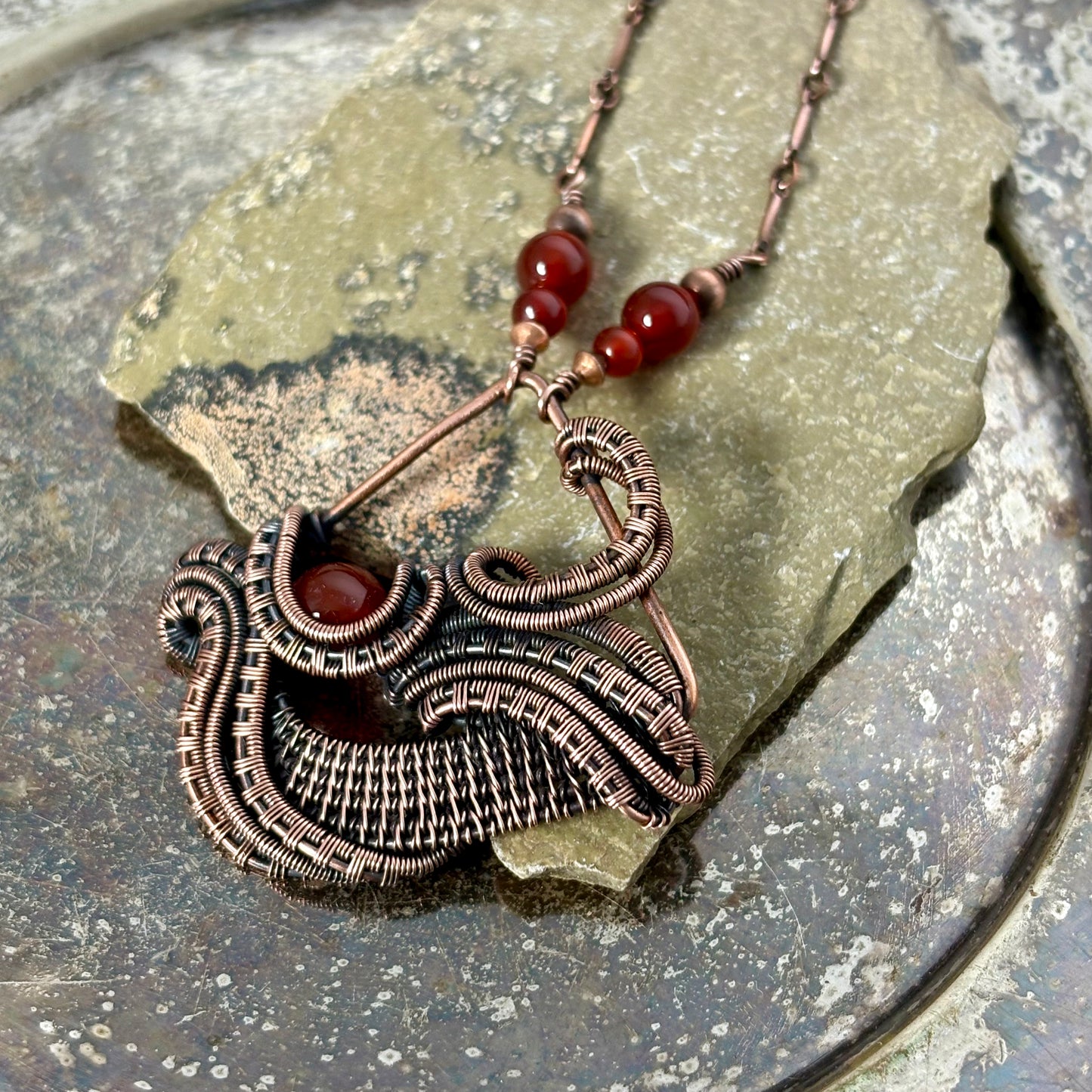 Handwoven Carnelian Copper Necklace - Artisan Wire Wrapped Pendant
