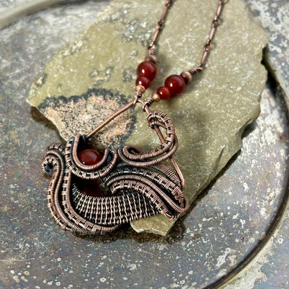 Handwoven Carnelian Copper Necklace - Artisan Wire Wrapped Pendant