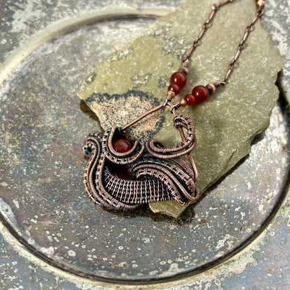 Handwoven Carnelian Copper Necklace - Artisan Wire Wrapped Pendant