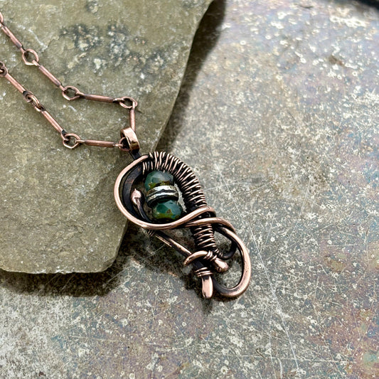 Artisan Hand-Woven Copper Pendant - Organic S-Curve Wire Necklace