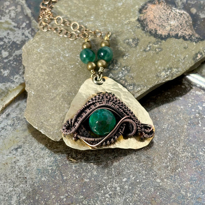 Hand-Woven Third Eye Pendant - Copper & Brass with Natural Green Agate