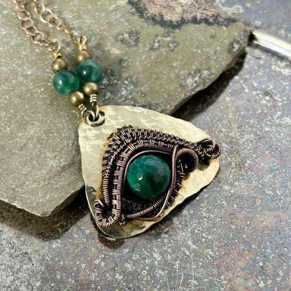 Hand-Woven Third Eye Pendant - Copper & Brass with Natural Green Agate