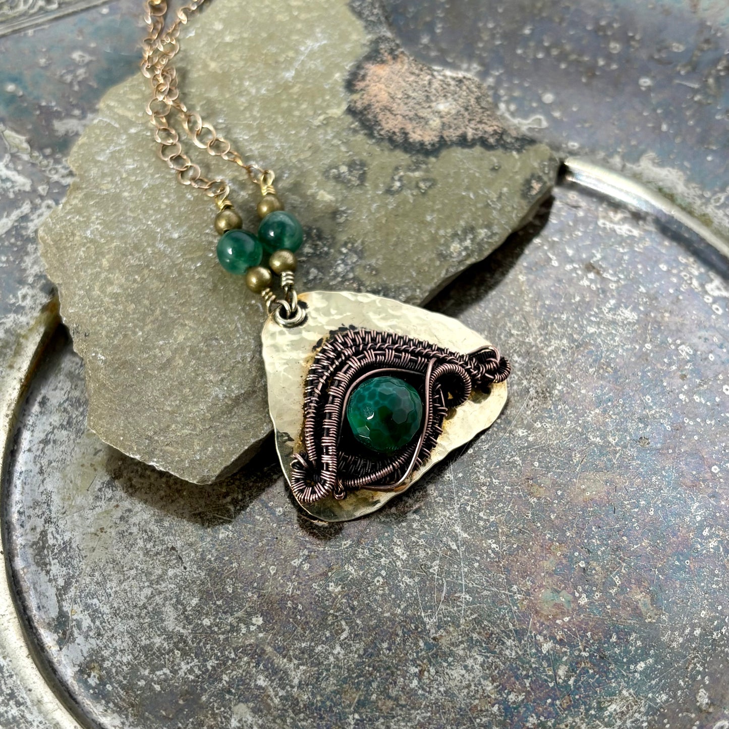 Hand-Woven Third Eye Pendant - Copper & Brass with Natural Green Agate