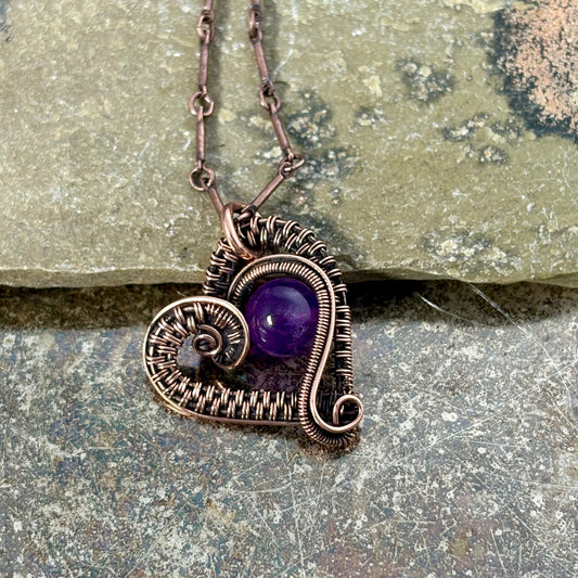 Handmade Woven Copper Amethyst Heart Necklace - Wire Wrapped Gemstone Pendant