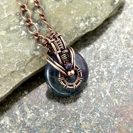 Copper Wire Wrapped Donut Necklace - Handwoven Gemstone Pendant