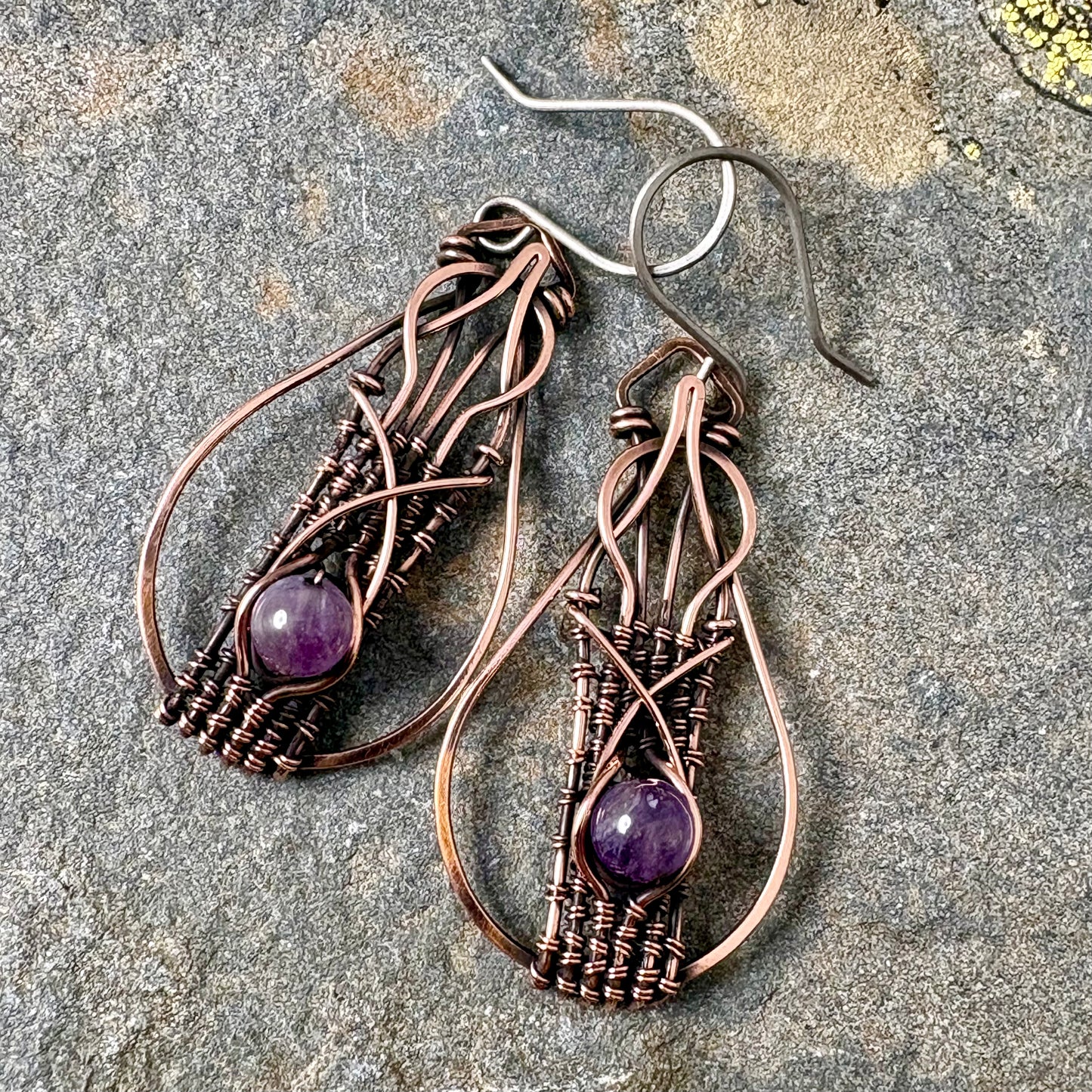 Hand-Woven Amethyst Copper Earrings