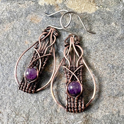 Hand-Woven Amethyst Copper Earrings