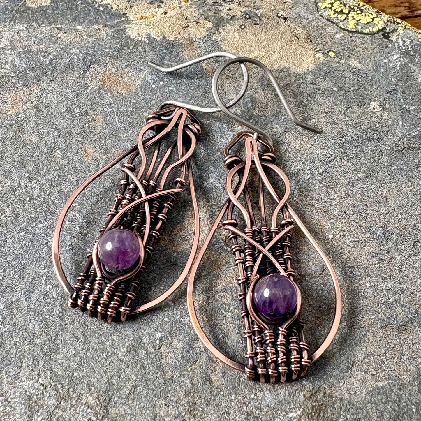 Hand-Woven Amethyst Copper Earrings
