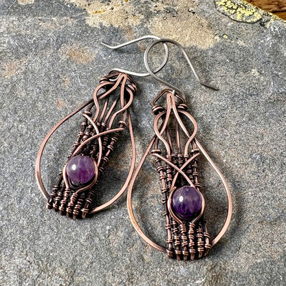 Hand-Woven Amethyst Copper Earrings