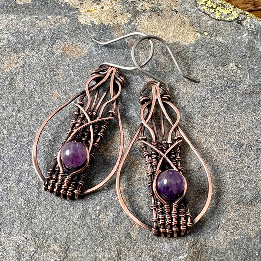 Hand-Woven Amethyst Copper Earrings