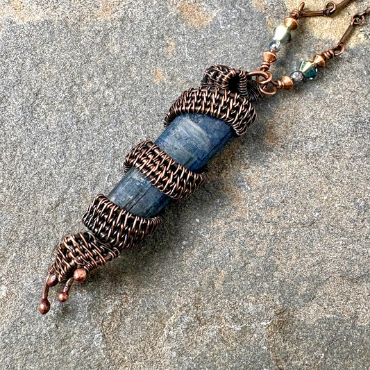 Kyanite Copper Necklace - Artisan Wire Wrapped Pendant