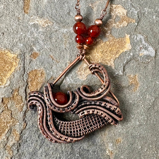 Handwoven Carnelian Copper Necklace - Artisan Wire Wrapped Pendant