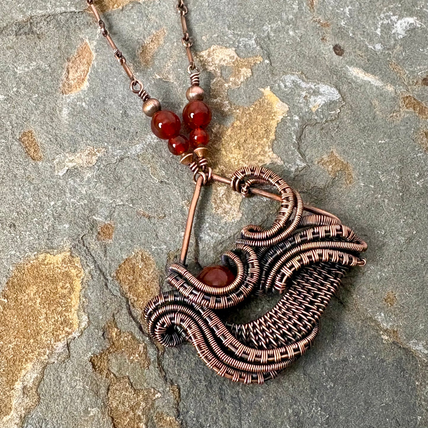 Handwoven Carnelian Copper Necklace - Artisan Wire Wrapped Pendant