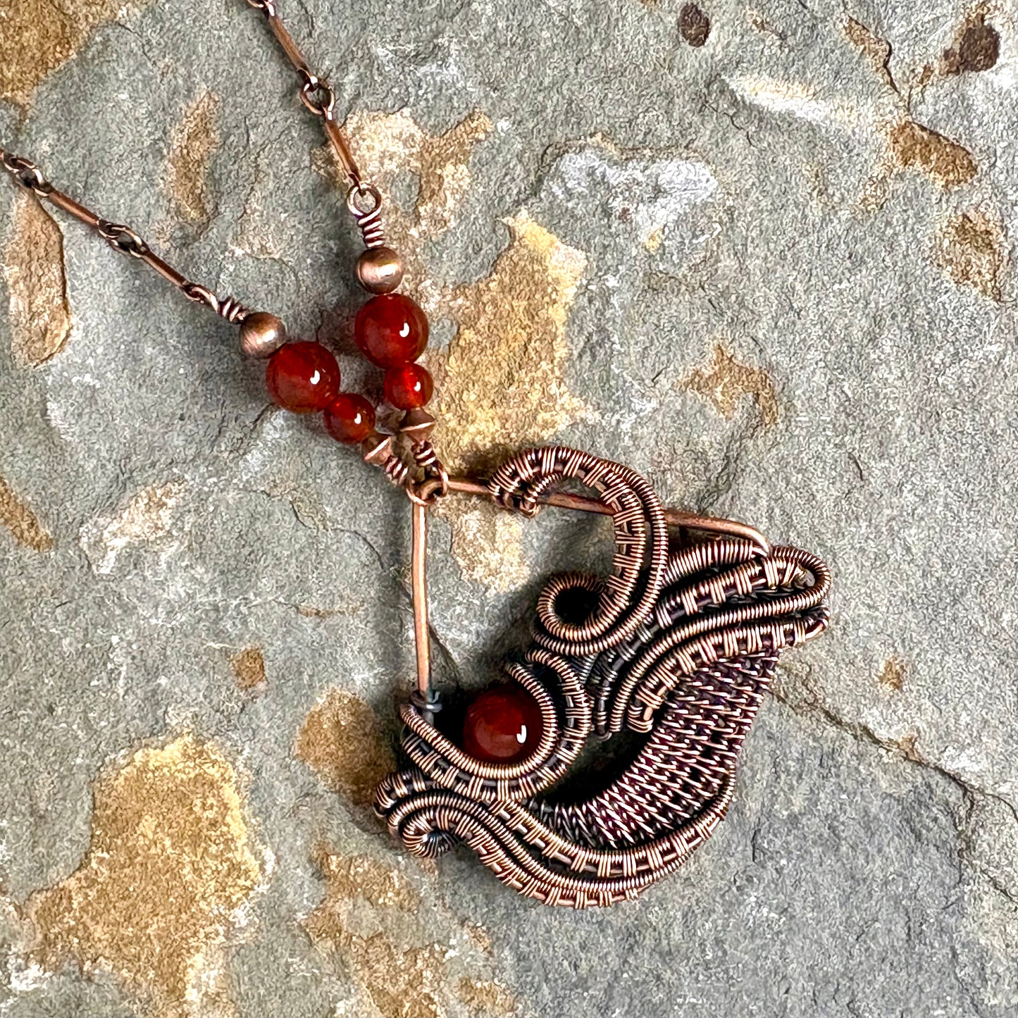 Handwoven Carnelian Copper Necklace - Artisan Wire Wrapped Pendant