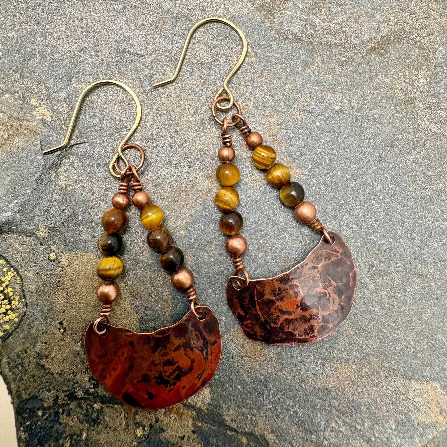 Flame Forged Semi-Circle & Tiger’s Eye Gemstone Earrings