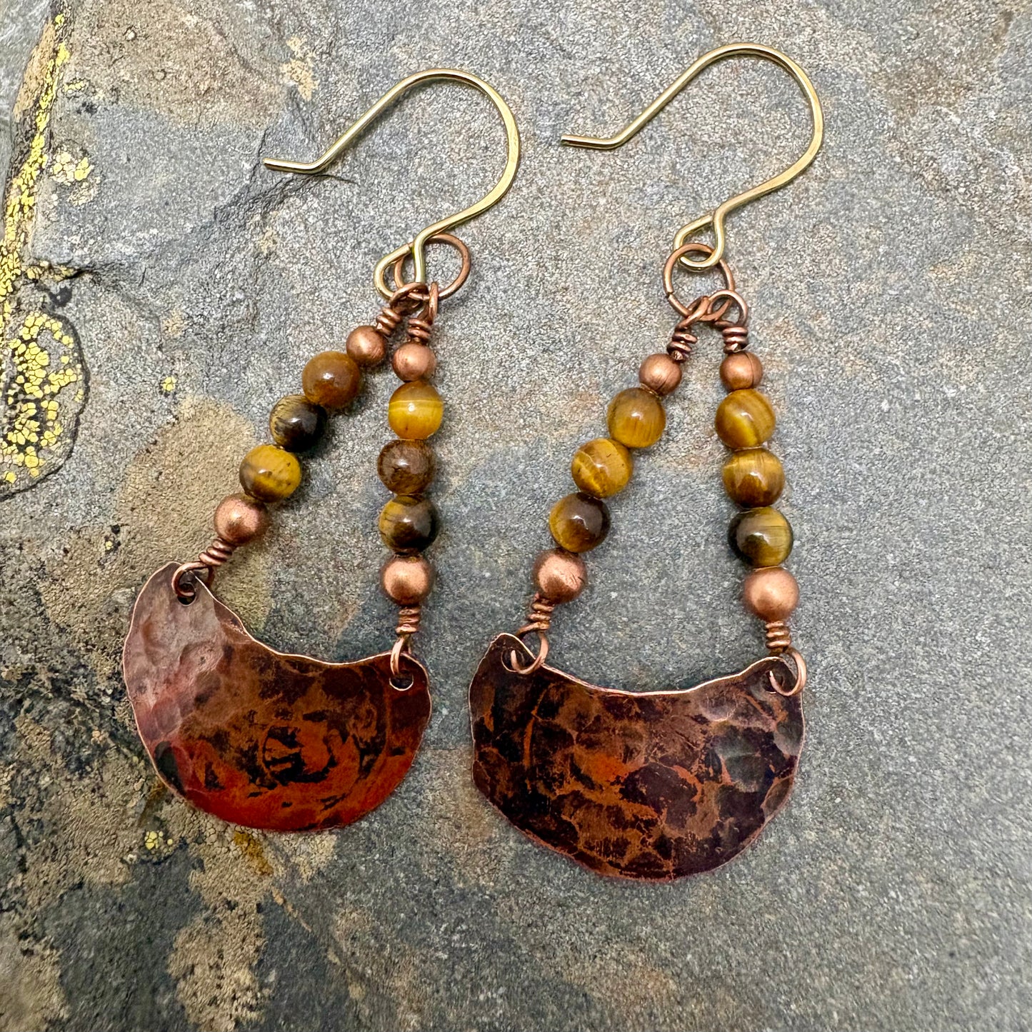 Flame Forged Semi-Circle & Tiger’s Eye Gemstone Earrings