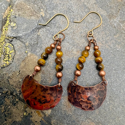 Flame Forged Semi-Circle & Tiger’s Eye Gemstone Earrings