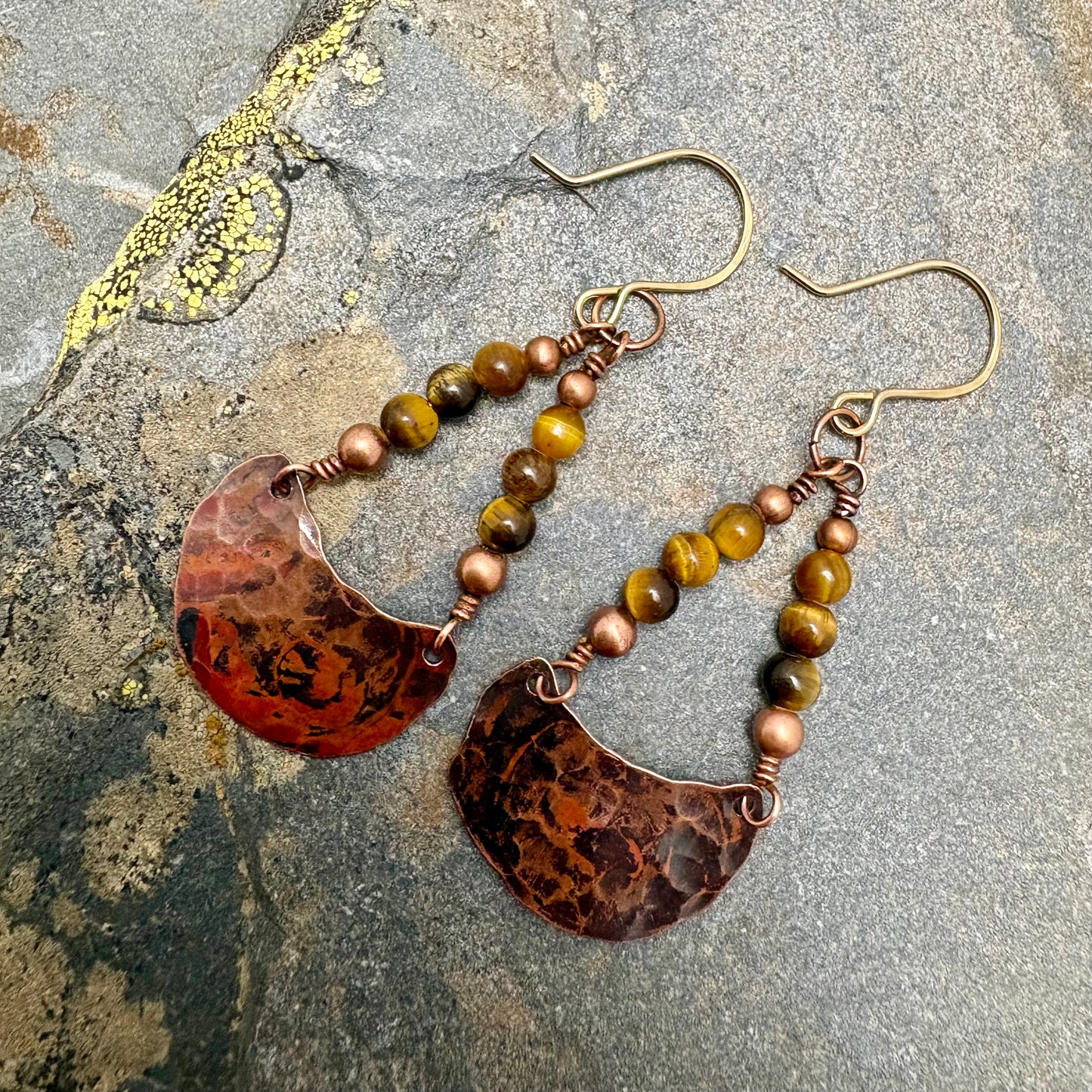 Flame Forged Semi-Circle & Tiger’s Eye Gemstone Earrings