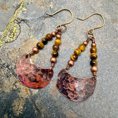 Flame Forged Semi-Circle & Tiger’s Eye Gemstone Earrings