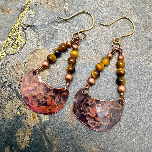 Tiger's Eye Earrings - Handmade Forged Copper Semi-Circle Hoops