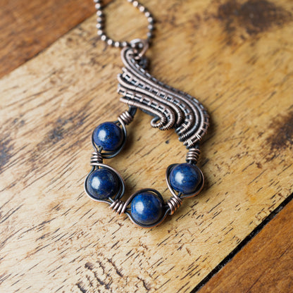 Lapis Lazuli Copper Necklace | Handwoven Wire Pendant - Blue Stone Jewelry