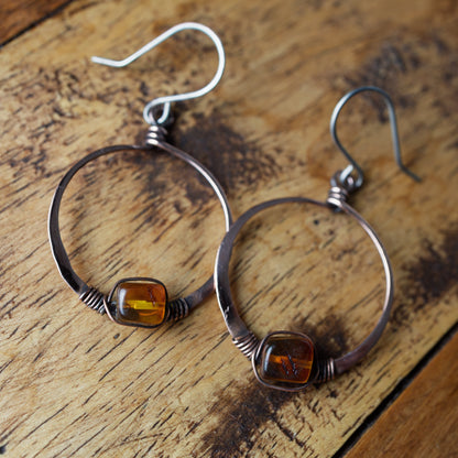 Baltic Amber Copper Hoop Earrings