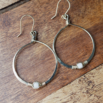 White Moonstone & Brass Hoop Earrings