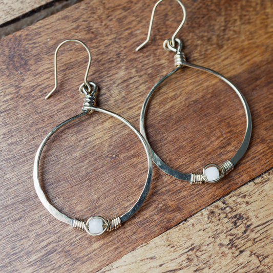 White Moonstone & Brass Hoop Earrings – Handcrafted and Artisan Forged